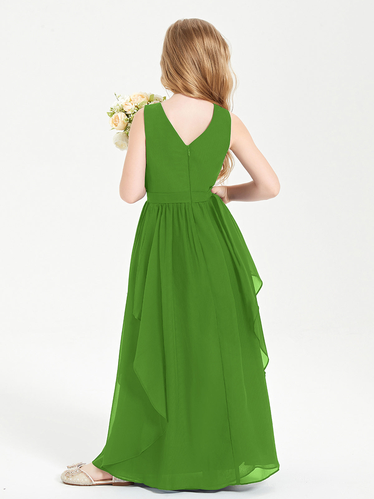 Boho Sleeveless Junior Chiffon Bridesmaids Gown Moss